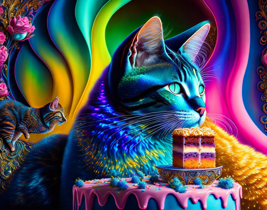 Colorful Psychedelic Cat Artwork with Cake and Neon Patterns