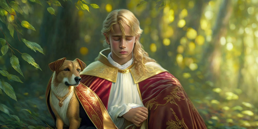 Medieval-themed image: Person in red and gold cloak with blonde hair in forest with loyal dog