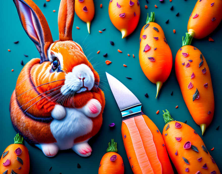 Colorful Rabbit and Carrots Digital Art on Teal Background