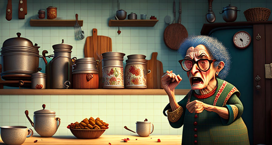 Surprised elderly woman in cozy kitchen with cookies, tipped-over mug, vintage cookware.