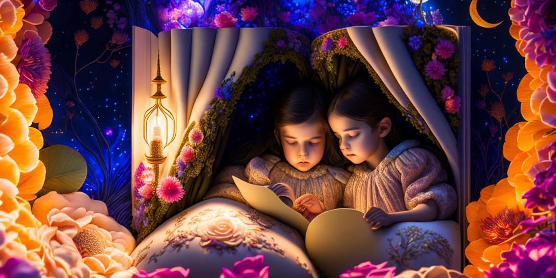 Children reading under blanket with warm light and starry night backdrop among vibrant flowers.