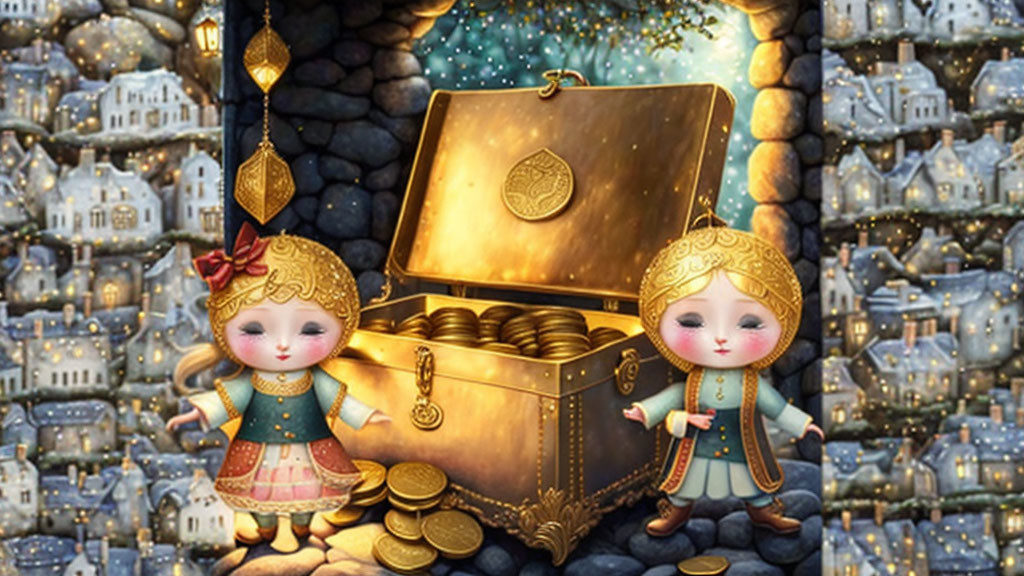 Animated characters in traditional outfits with treasure chest and gold coins in whimsical village.