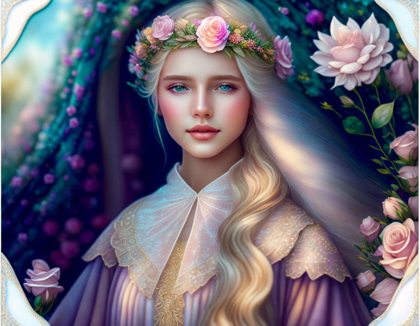 Fantasy female portrait with blonde hair, blue eyes, floral crown, purple dress, surrounded by roses