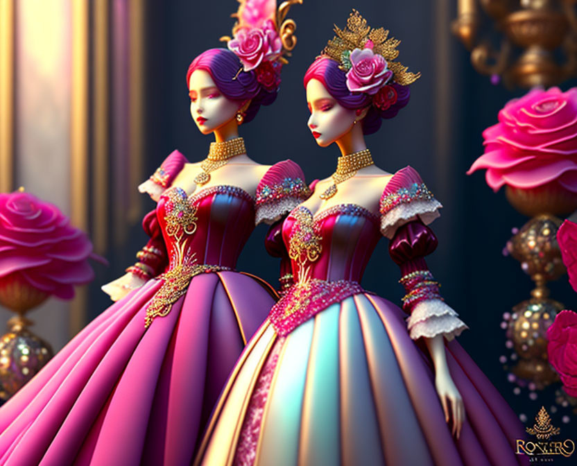 Symmetrical female figures in pink and purple gowns with gold accents, roses, and pillars.