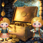 Animated characters in traditional outfits with treasure chest and gold coins in whimsical village.