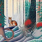 Knit-textured winter scene with black fox and snow