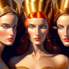 Regal women in golden headdresses and elegant attire