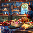 Vibrant illustration: Young girl in red coat at festive food market with woman and roast turkey.