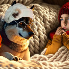 Girl and dog in hats and glasses cuddled under knitted blanket