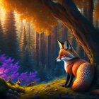 Mystical forest scene with vivid fox and colorful flora