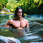 Person in mystical water scene with lush greenery and delicate necklace against fairytale backdrop