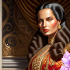 Digital portrait of woman in traditional attire with long dark hair amidst ornate golden patterns and pink lotus