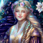 Fantasy female portrait with blonde hair, blue eyes, floral crown, purple dress, surrounded by roses