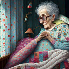 Elderly woman in glasses sitting in cozy room with colorful quilt