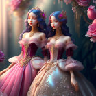 Symmetrical female figures in pink and purple gowns with gold accents, roses, and pillars.