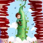 Whimsical boy on beanstalk with pencils in fantasy setting