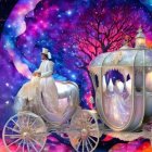 Illustrated fantasy scene with woman in vintage dress and ornate carriage amidst cosmic backdrop.