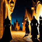 Mysterious cloaked figures in cobblestone alley at night