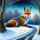 Colorful winter forest illustration with fox and falling snow