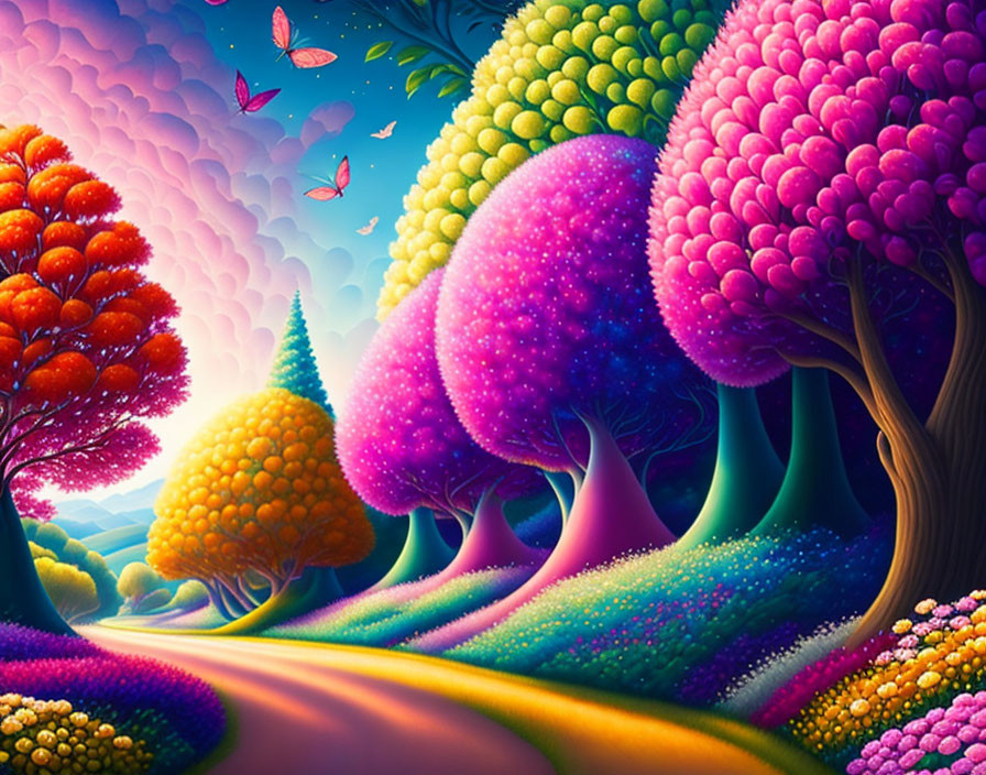 Colorful Stylized Trees and Butterflies in Twilight Landscape