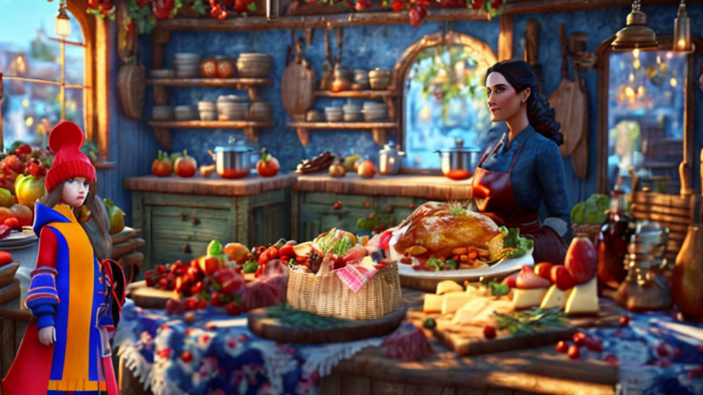 Vibrant illustration: Young girl in red coat at festive food market with woman and roast turkey.