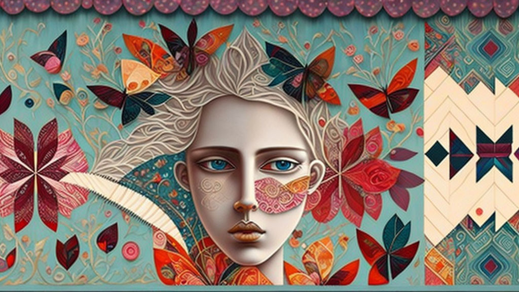 Vibrant female face with floral and butterfly motifs in geometric setting