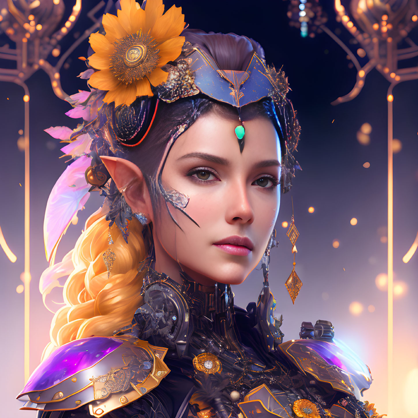 Fantasy female character with pointed ears in golden armor and sunflower details