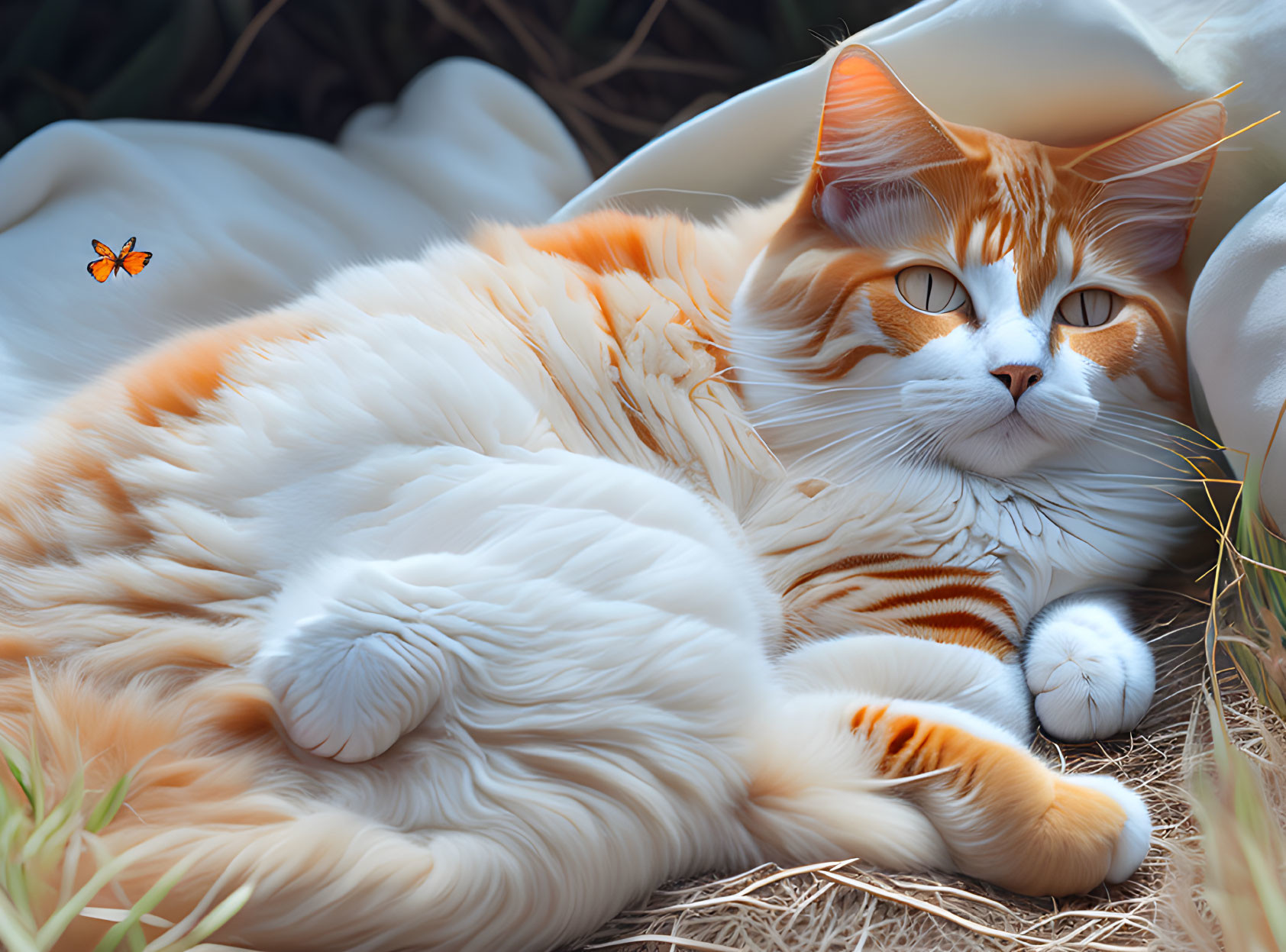 Fluffy Orange and White Cat Watching Orange Butterfly