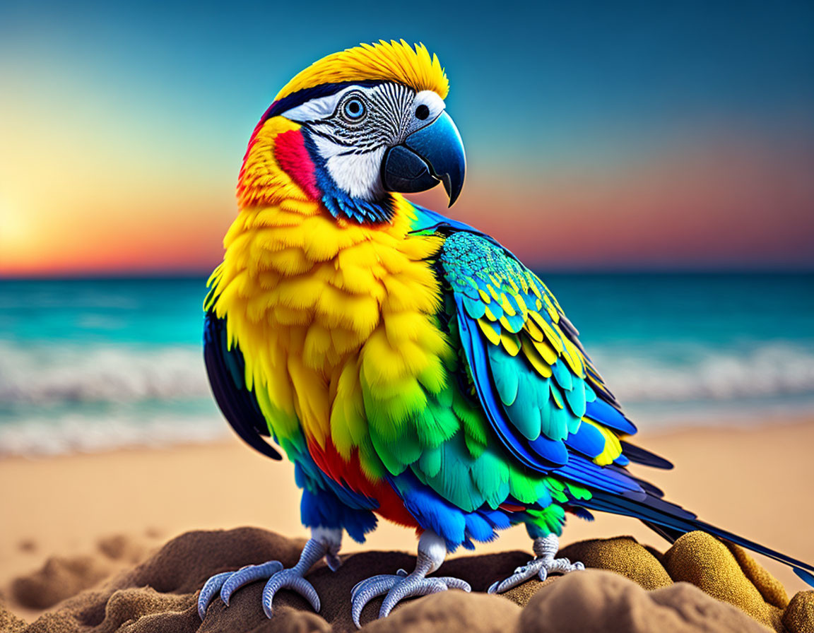 Colorful Macaw with Blue, Yellow, and Green Feathers on Sandy Beach at Sunset