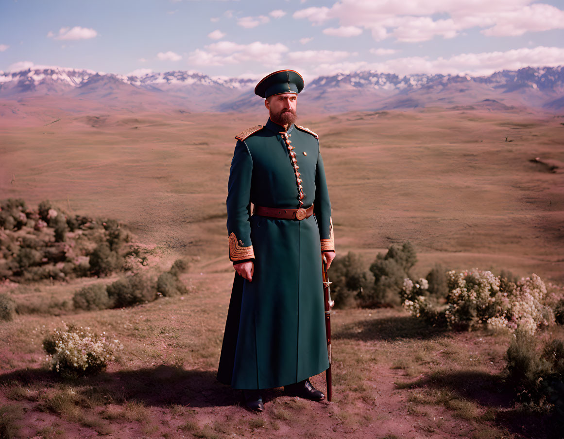 Historical military uniform man with cap and sword in grassy field.