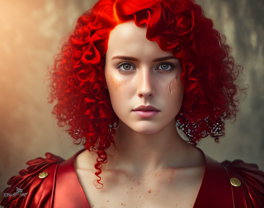 Vibrant portrait of woman with red curly hair and blue eyes in red garment