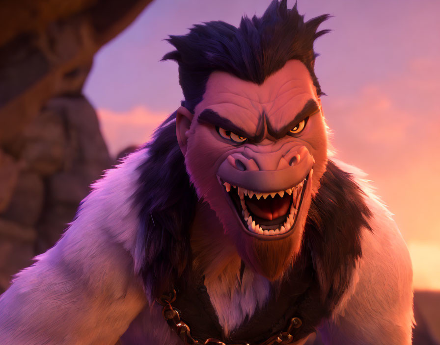 Aggressive animated character with sharp teeth and chain against dusky sky