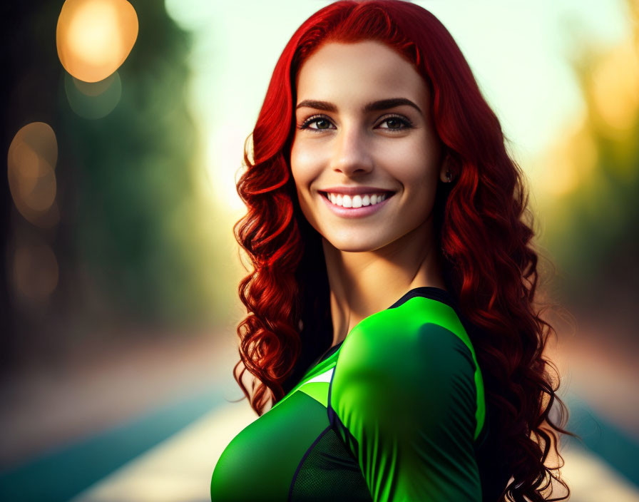 Red-haired woman smiling in green top outdoors