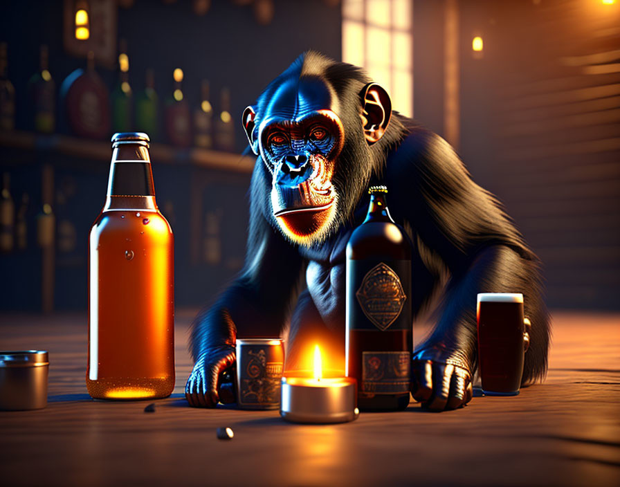 3D-rendered chimpanzee at bar with beer and candles