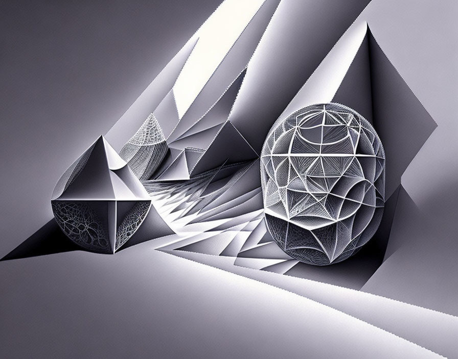 Geometric Shapes and Lines in Grayscale with Intricate Sphere Patterns