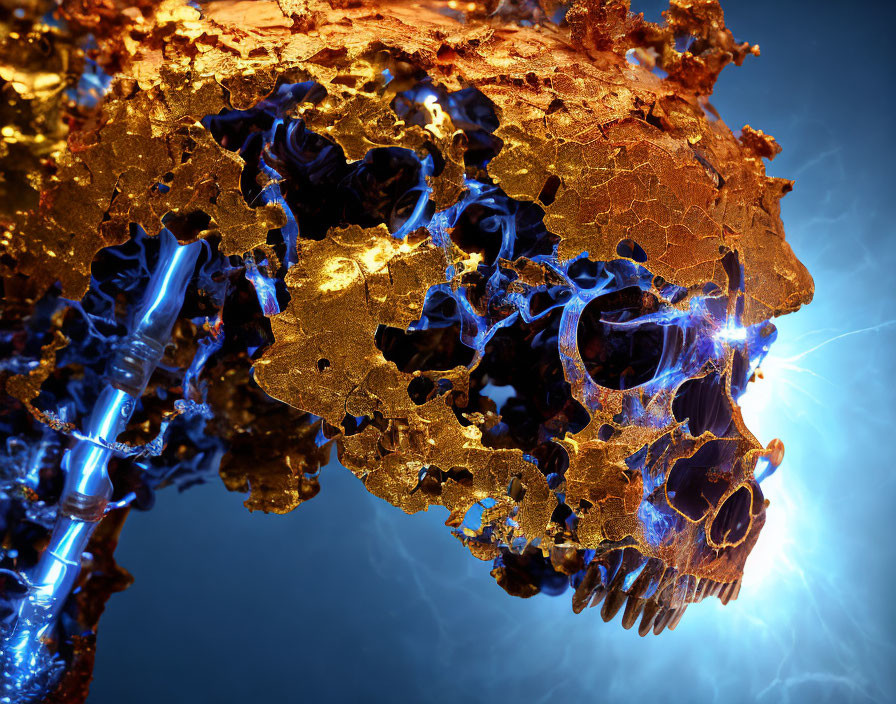 Skull in Gold and Blue with Fiery Background