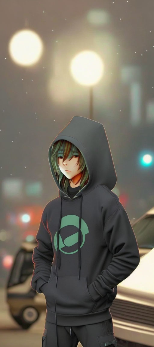 Anime-style character in black hoodie with green symbol against blurred city lights at night