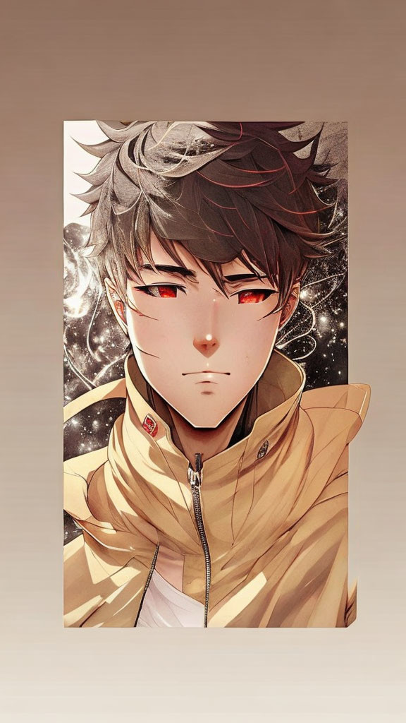 Spiky Black-Haired Anime Male in Beige Jacket on Cosmic Background