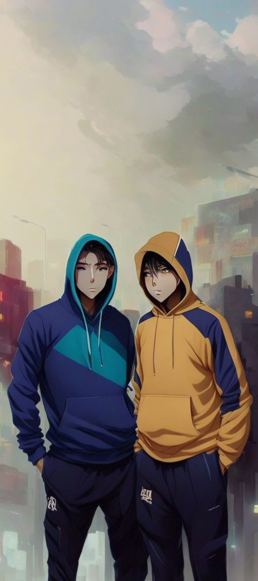 Two hooded animated characters in blue and yellow against cityscape.