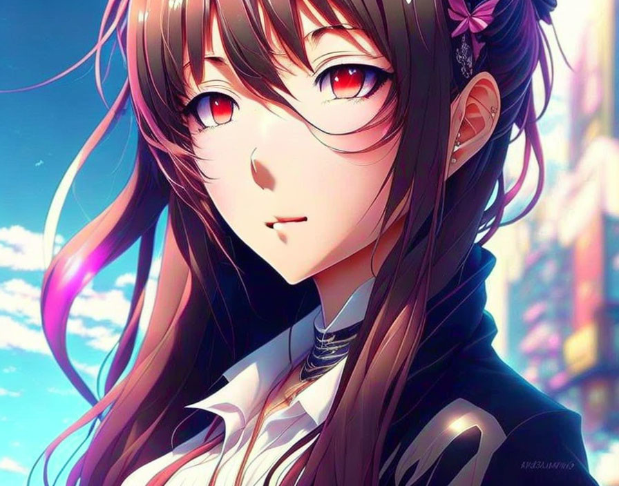 Anime-style illustration of girl with brown hair, red eyes, and flower hair accessory against cityscape background