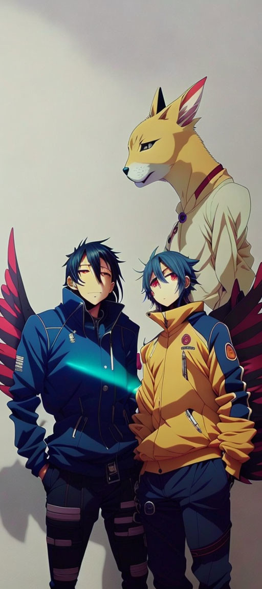 Futuristic anime characters with glowing eyes and a fox in collar