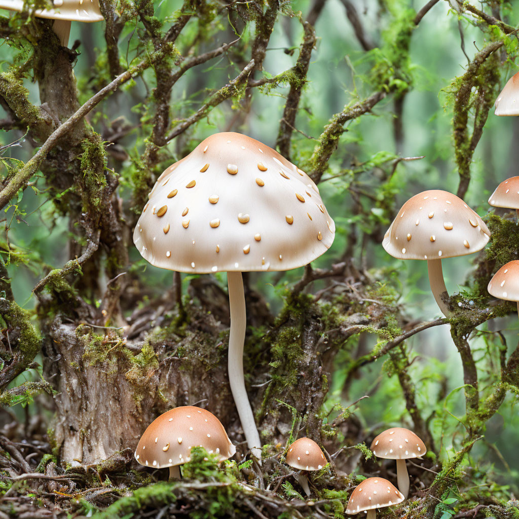 Assorted mushrooms with white stems and dotted caps in forest setting