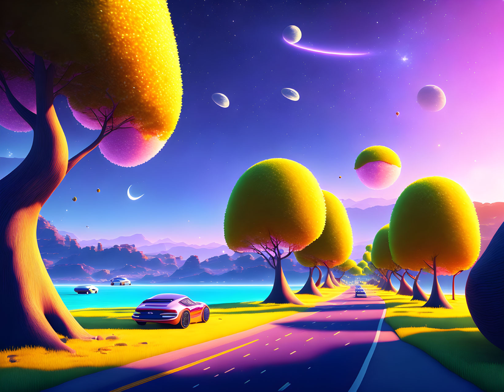 Surreal twilight landscape with stylized trees, car, and celestial bodies