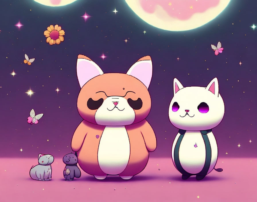 Contented oversized corgi, slender cat, tiny creatures under starry purple sky with flowers and