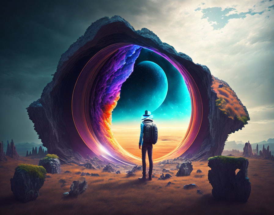 Person with backpack standing before surreal swirling portal in cosmic scene