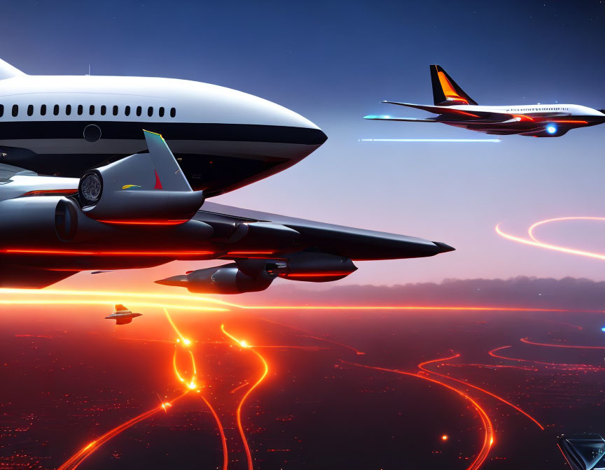 Airplanes flying at dusk with vibrant sky and city lights, one overtaking the other.