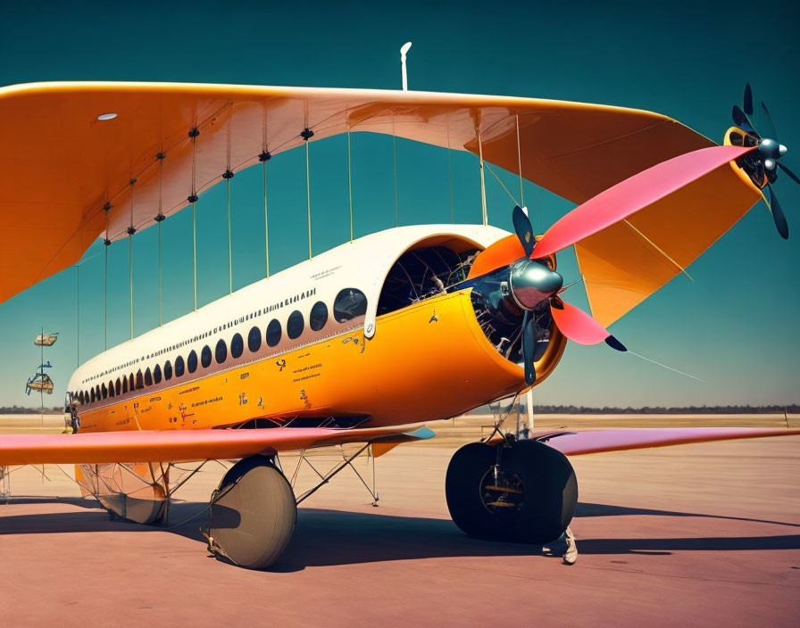 Vintage Biplane with Dual Propellers on Tarmac