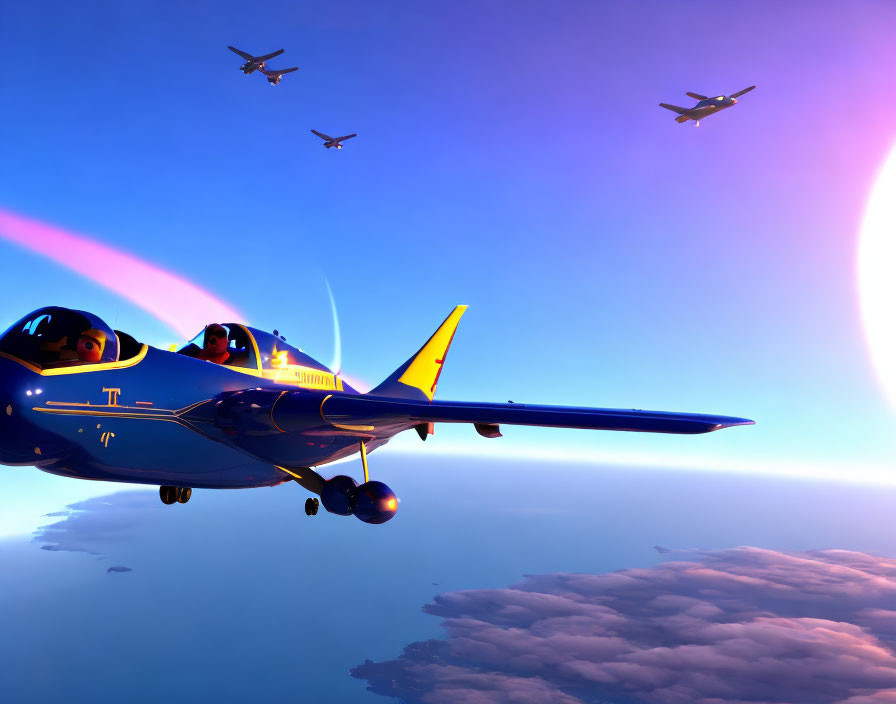 Formation of Jet Aircraft Flying at Sunset Above Clouds