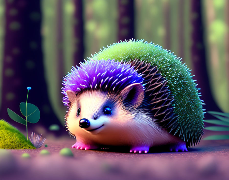 Colorful forest scene with glowing hedgehog quills