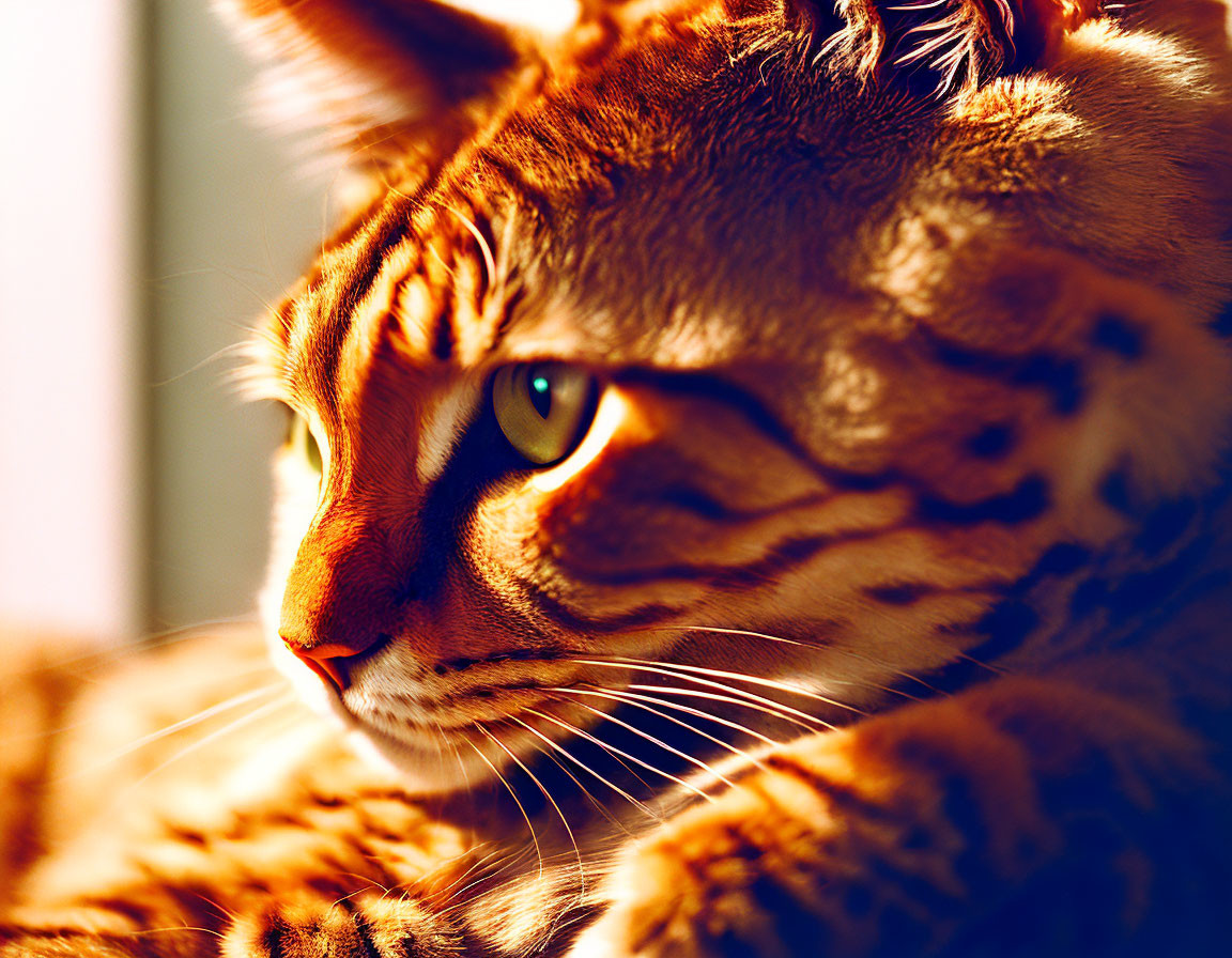 Striped cat close-up in warm sunlight with sharp focus on eye and fur.